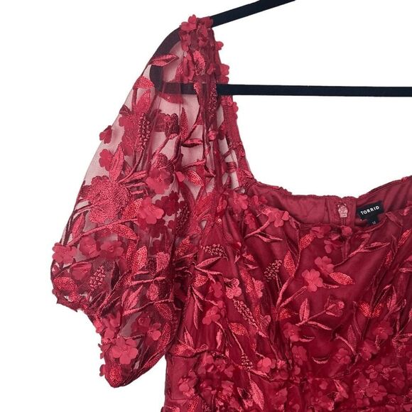 NWT Torrid Red Mini Skater Dress Textured Mesh Lace Puff Short Sleeve Sz 14 - Picture 6 of 11
